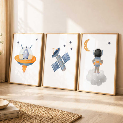 Retro Space Astronaut Satellite Rocket Wall Art Paintings for Living Room Bedroom