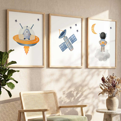 Retro Space Astronaut Satellite Rocket Wall Art Paintings for Living Room Bedroom