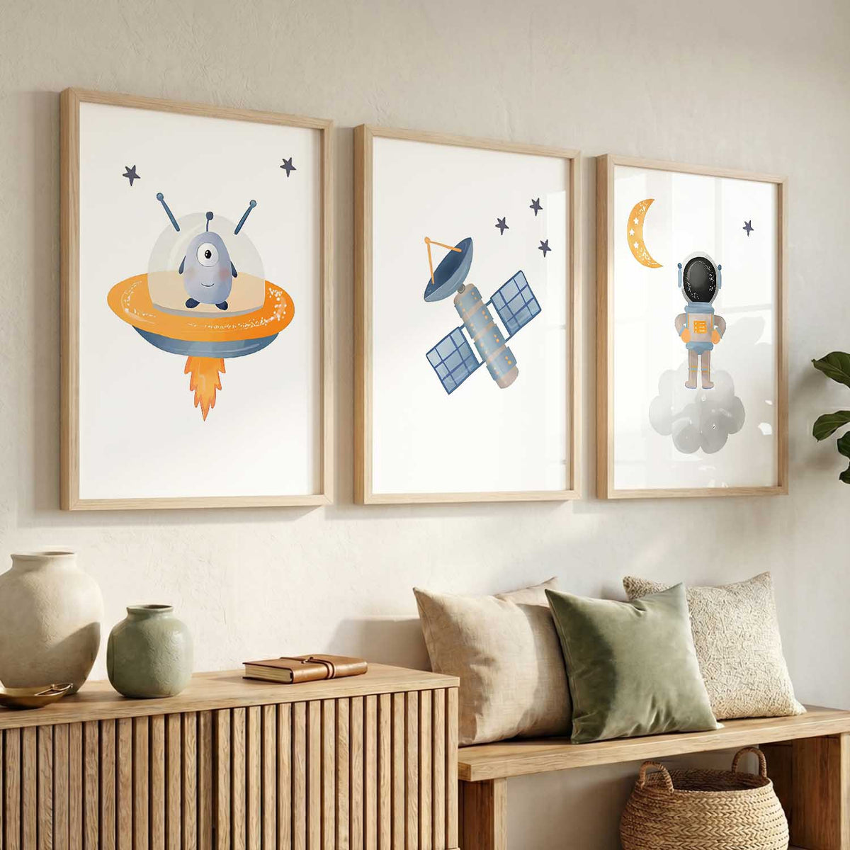 Retro Space Astronaut Satellite Rocket Wall Art Paintings for Living Room Bedroom