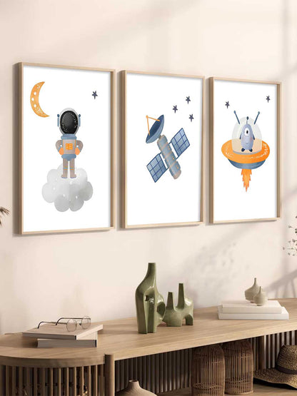 Retro Space Astronaut Satellite Rocket Wall Art Paintings for Living Room Bedroom