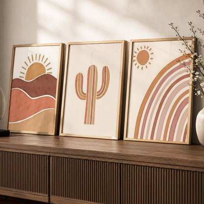 Earthy Sunburst Boho Modern Wall Art Set of 3 Framed Prints