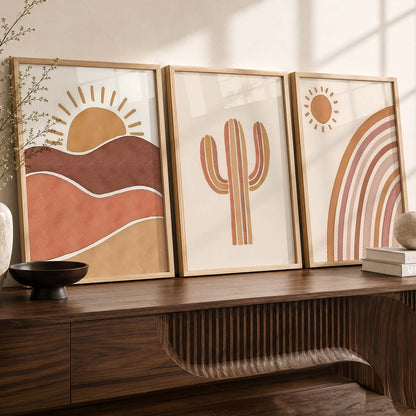 Earthy Sunburst Boho Modern Wall Art Set of 3 Framed Prints