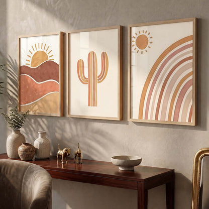 Earthy Sunburst Boho Modern Wall Art Set of 3 Framed Prints