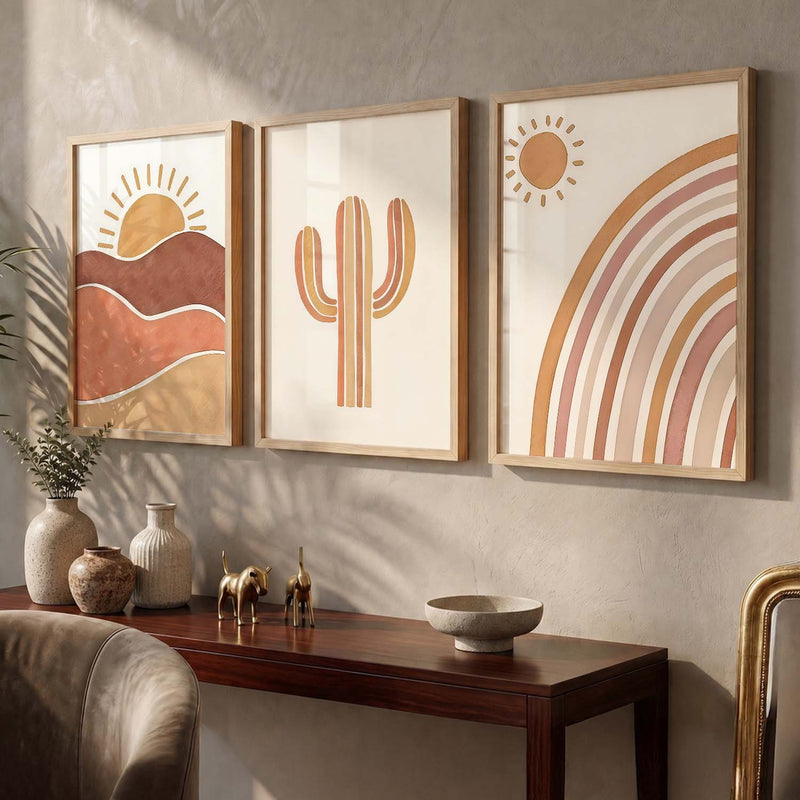 Earthy Sunburst Boho Modern Wall Art Set of 3 Framed Prints