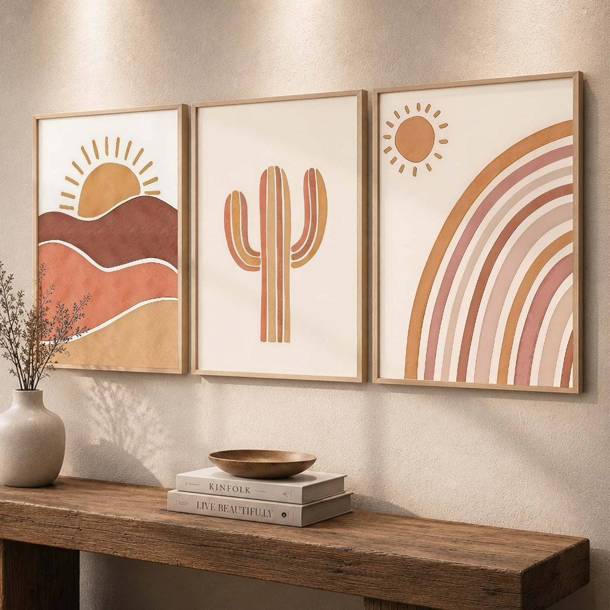 Earthy Sunburst Boho Modern Wall Art Set of 3 Framed Prints