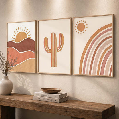 Earthy Sunburst Boho Modern Wall Art Set of 3 Framed Prints