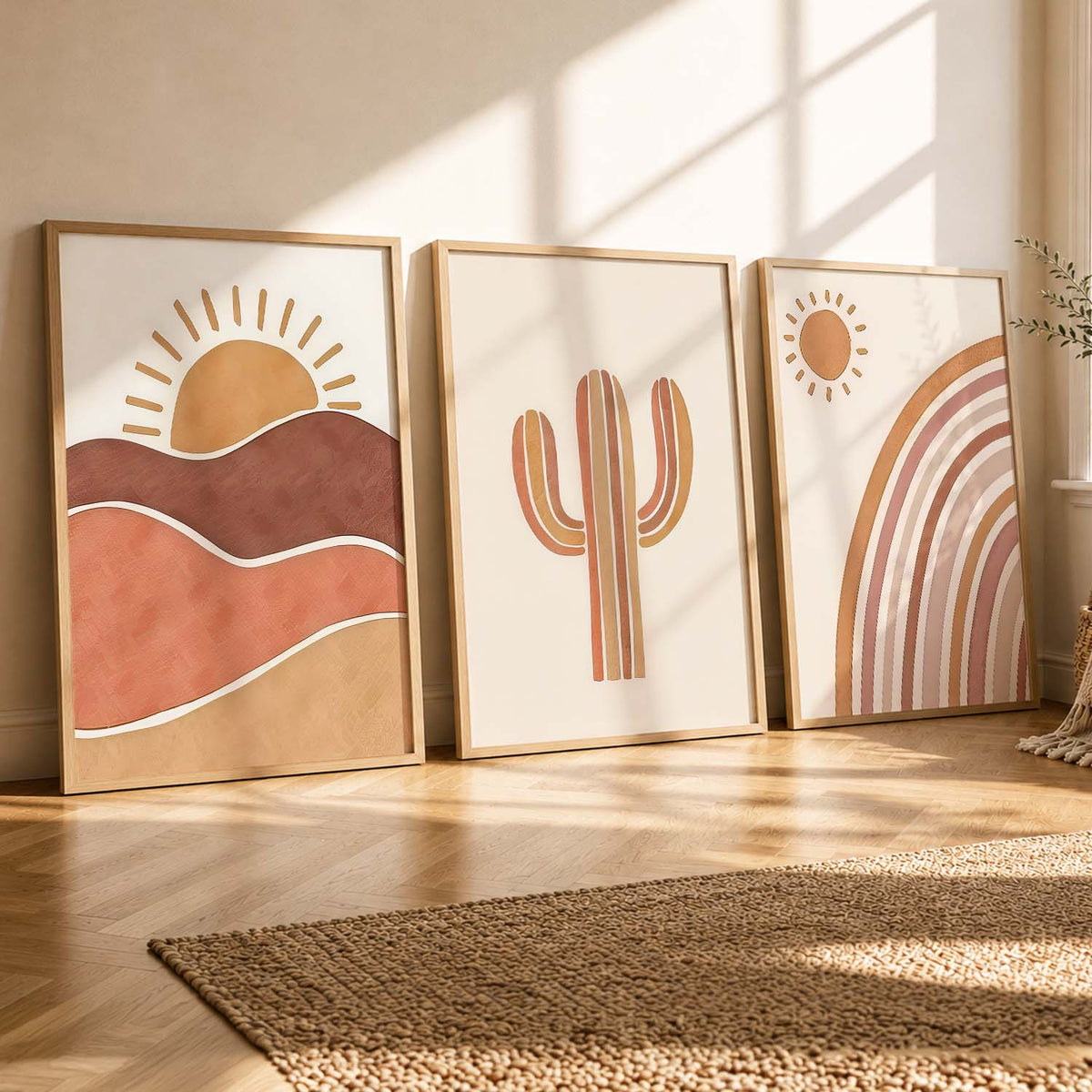 Earthy Sunburst Boho Modern Wall Art Set of 3 Framed Prints