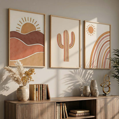 Earthy Sunburst Boho Modern Wall Art Set of 3 Framed Prints