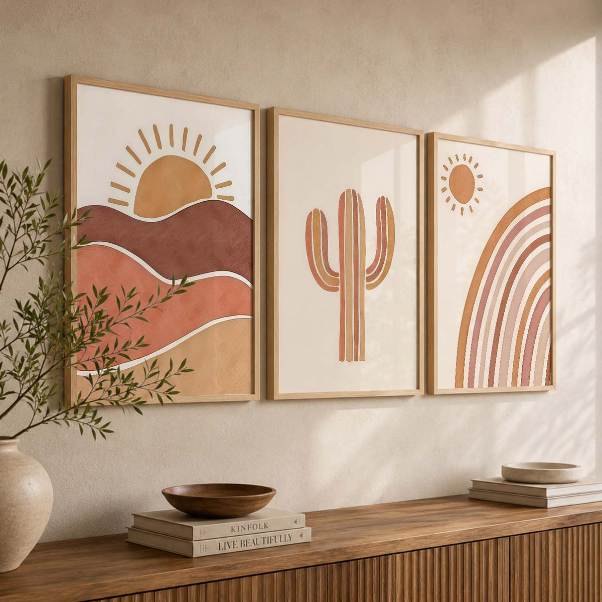 Earthy Sunburst Boho Modern Wall Art Set of 3 Framed Prints