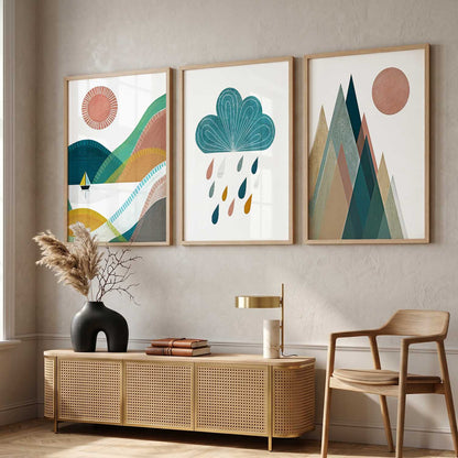 Geometric Abstract Boho Modern Wall Art Set of 3 Framed Prints