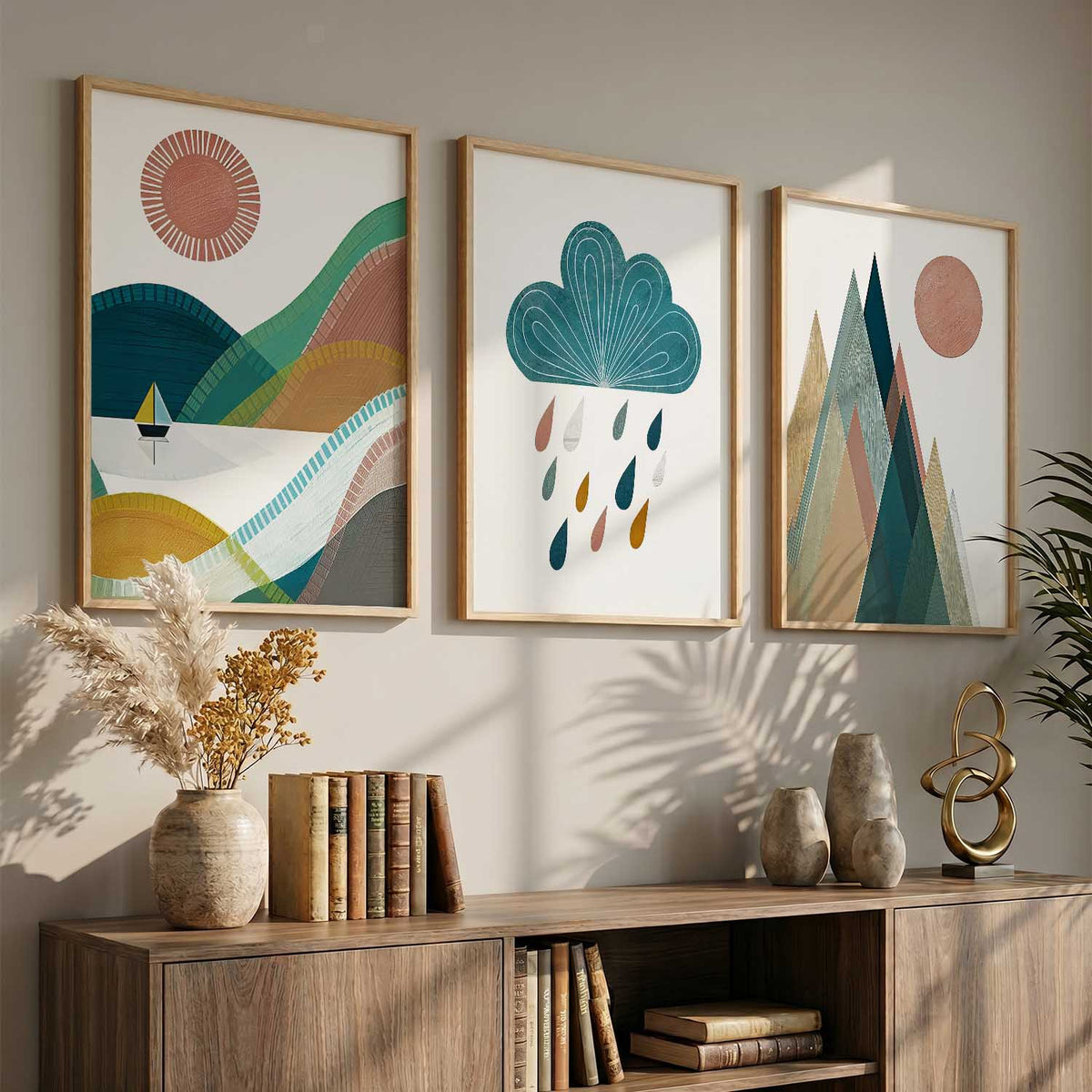 Geometric Abstract Boho Modern Wall Art Set of 3 Framed Prints