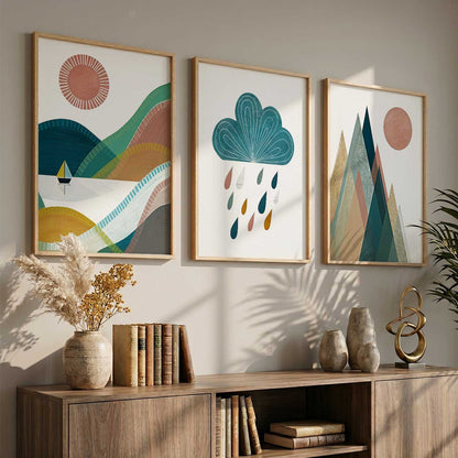 Geometric Abstract Boho Modern Wall Art Set of 3 Framed Prints