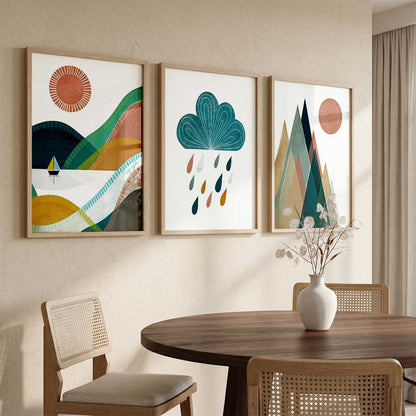 Geometric Abstract Boho Modern Wall Art Set of 3 Framed Prints