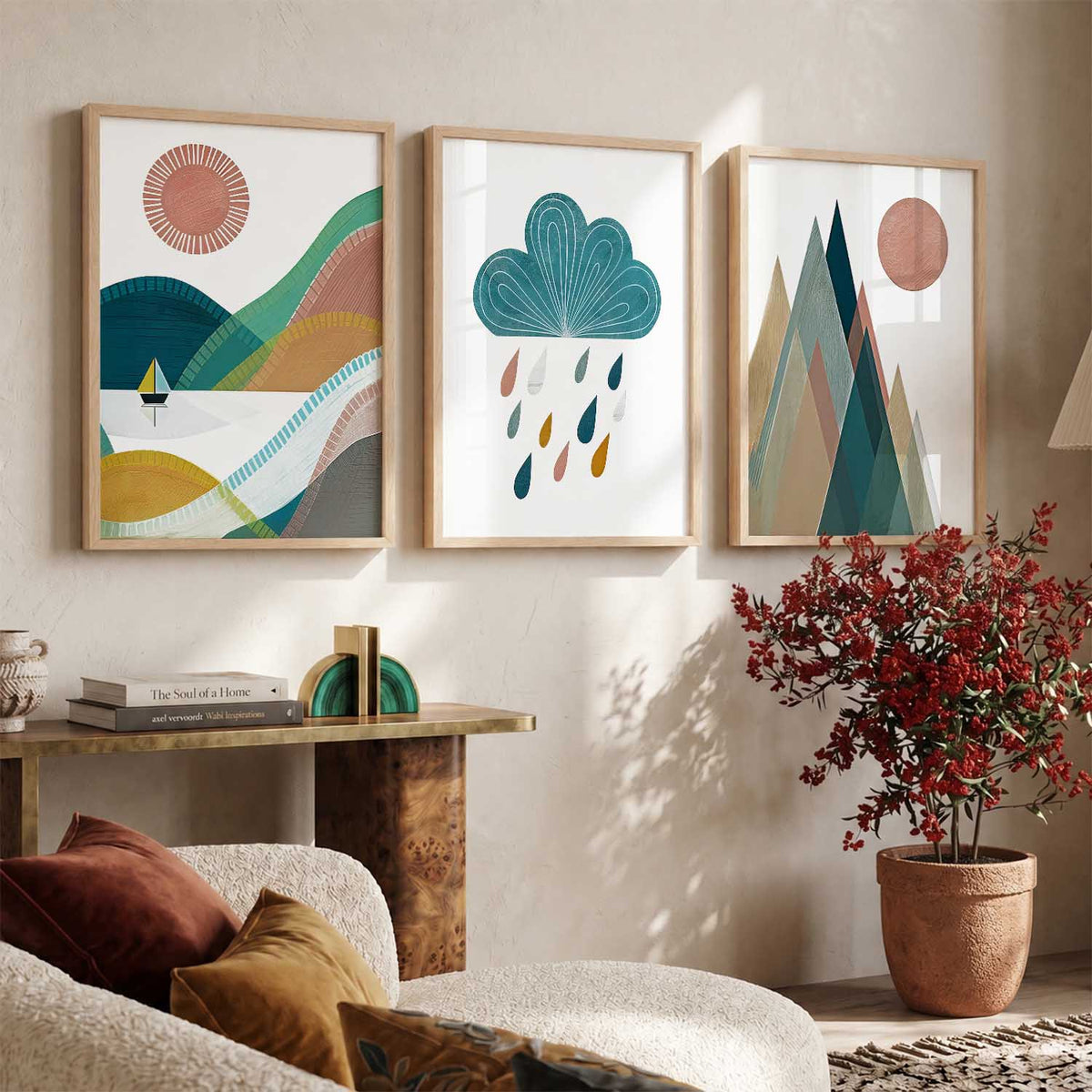 Geometric Abstract Boho Modern Wall Art Set of 3 Framed Prints