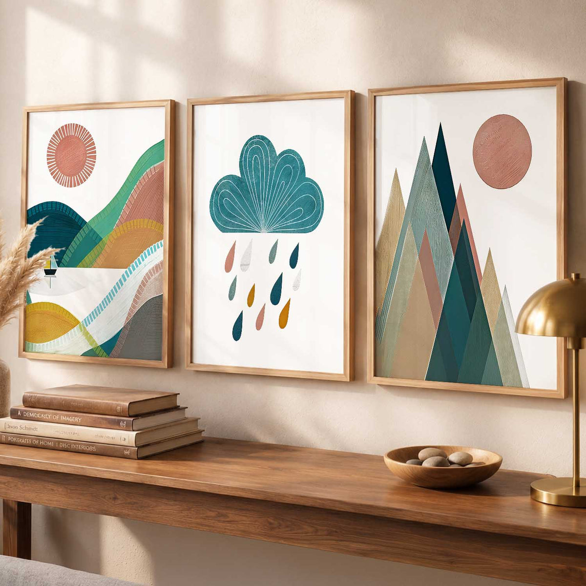 Geometric Abstract Boho Modern Wall Art Set of 3 Framed Prints