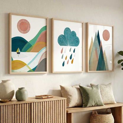 Geometric Abstract Boho Modern Wall Art Set of 3 Framed Prints