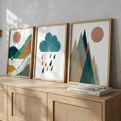 Geometric Abstract Boho Modern Wall Art Set of 3 Framed Prints