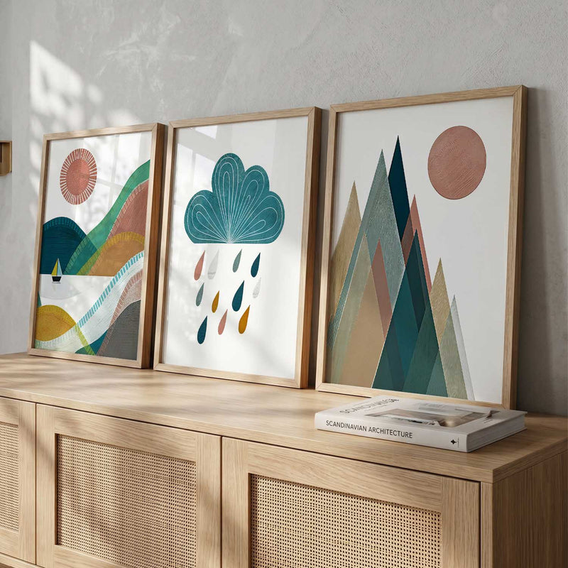 Geometric Abstract Boho Modern Wall Art Set of 3 Framed Prints