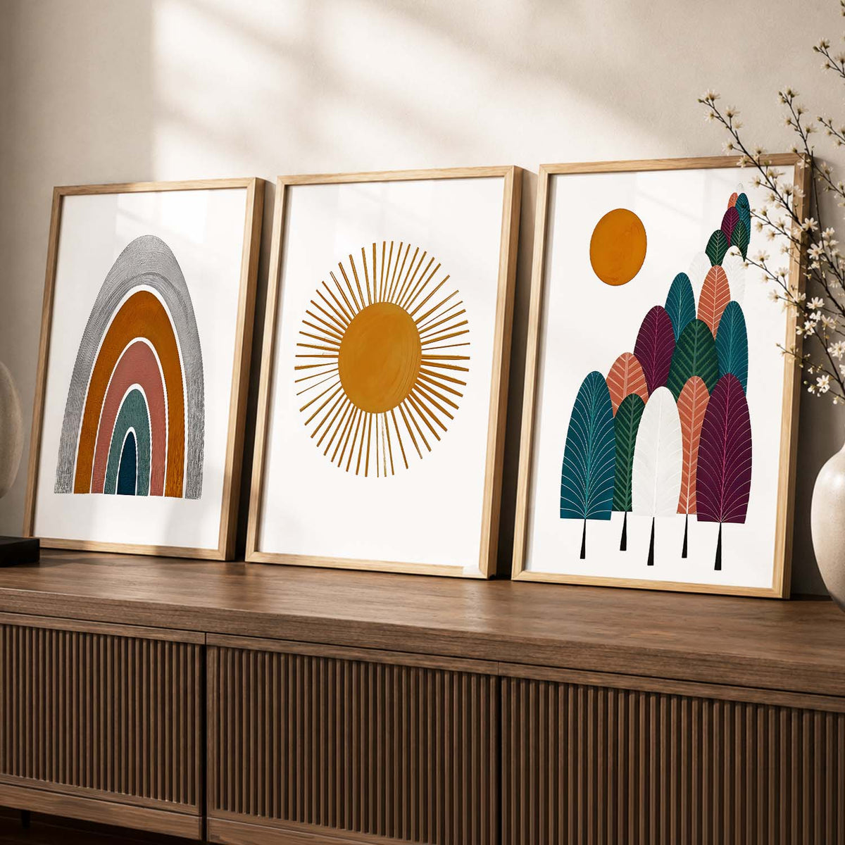 Warm Earthy Sunburst Boho Wall Art Set of 3 Framed Prints