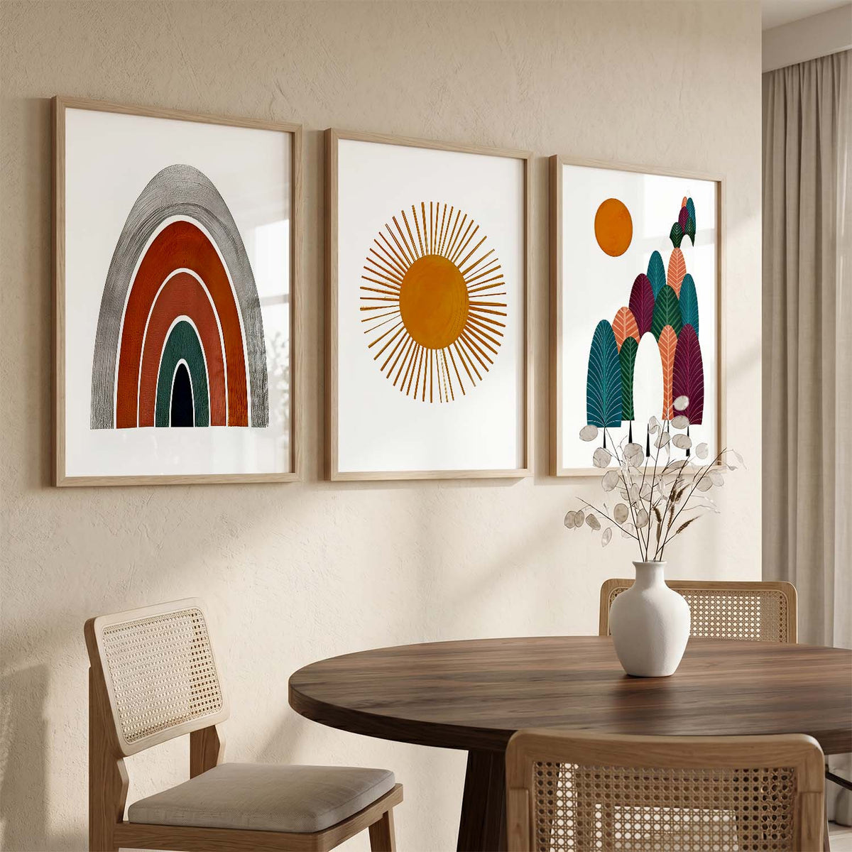 Warm Earthy Sunburst Boho Wall Art Set of 3 Framed Prints