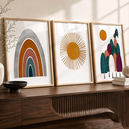 Warm Earthy Sunburst Boho Wall Art Set of 3 Framed Prints