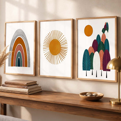 Warm Earthy Sunburst Boho Wall Art Set of 3 Framed Prints