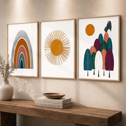 Warm Earthy Sunburst Boho Wall Art Set of 3 Framed Prints