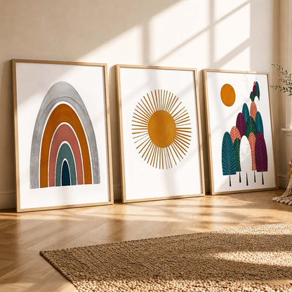 Warm Earthy Sunburst Boho Wall Art Set of 3 Framed Prints