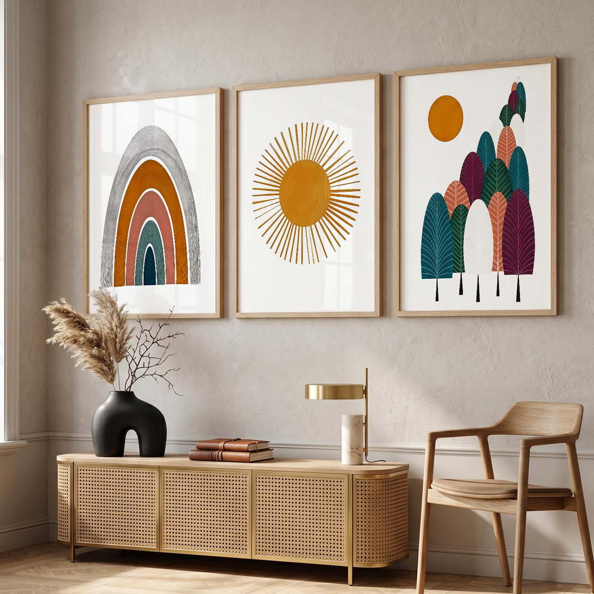 Warm Earthy Sunburst Boho Wall Art Set of 3 Framed Prints