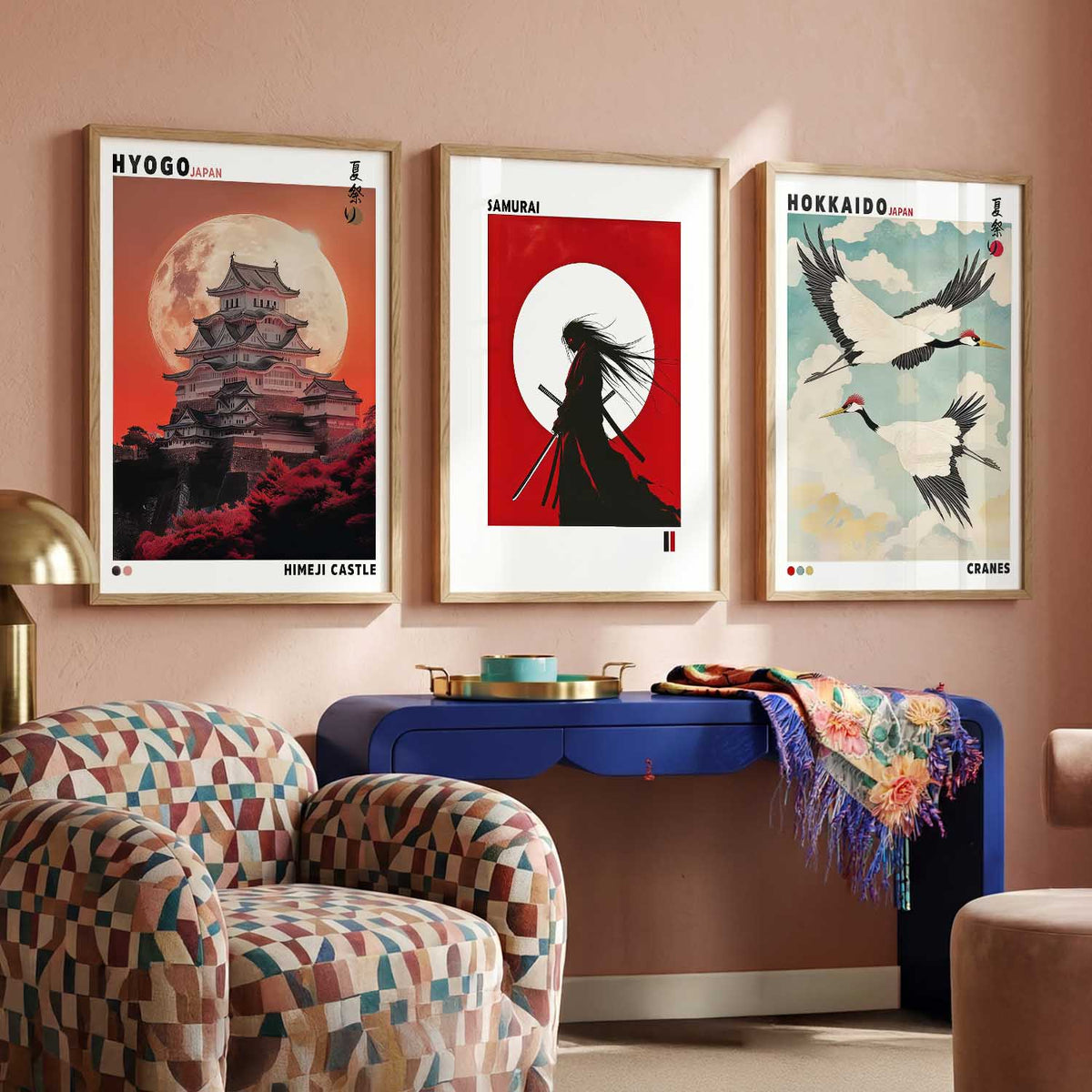Japanese Samurai and City View Wall Art Paintings for Living Room Bedroom