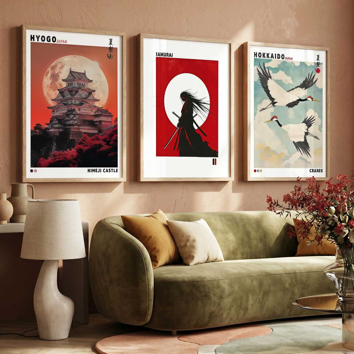 Japanese Samurai and City View Wall Art Paintings for Living Room Bedroom