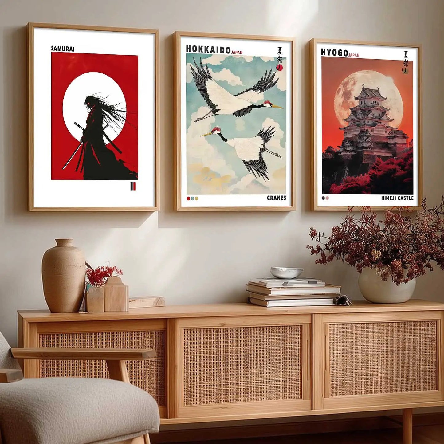Japanese Samurai and City View Wall Art Paintings for Living Room Bedroom