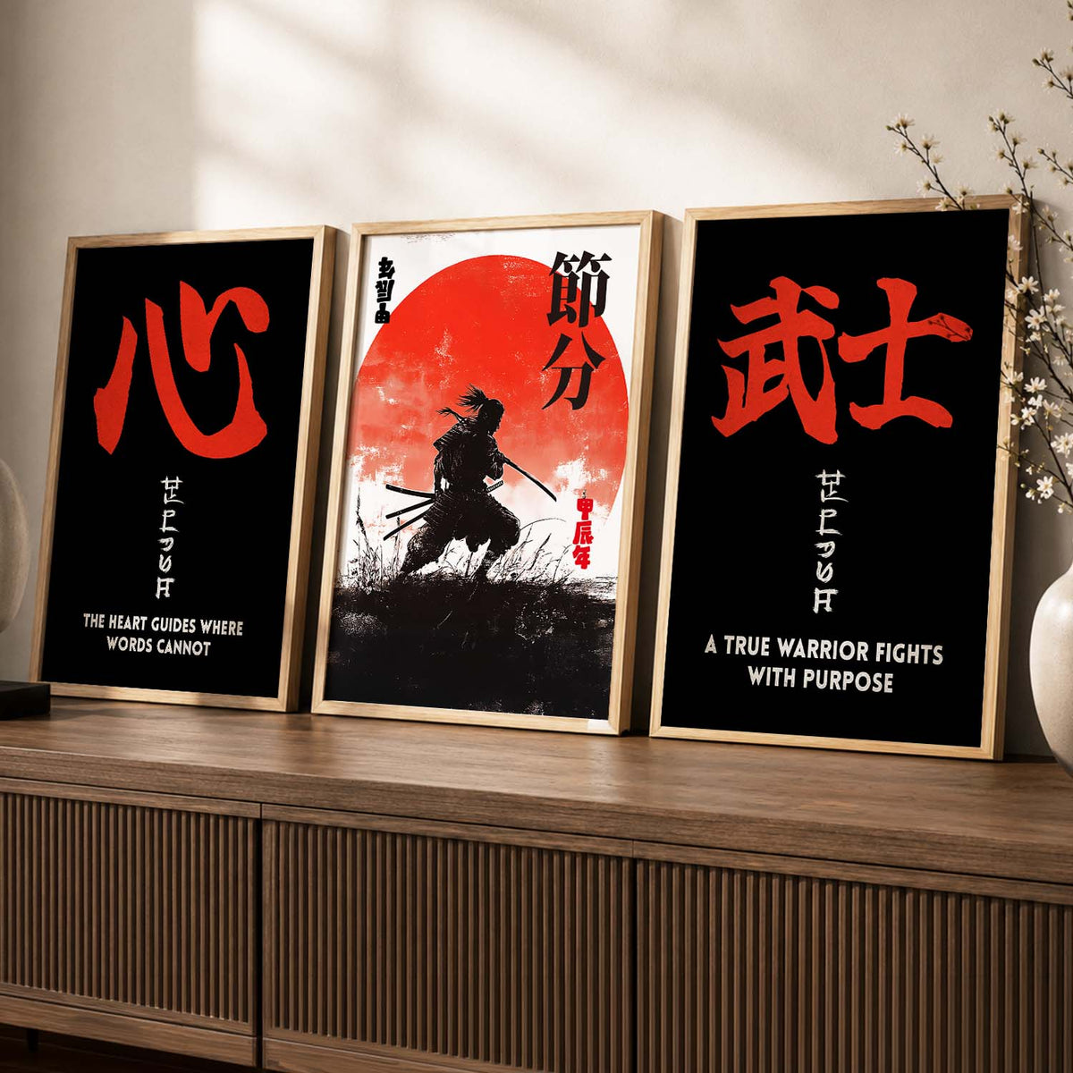 Japanese Samurai Motivational Quotes Wall Art Set of 3 Framed Prints for Living Room