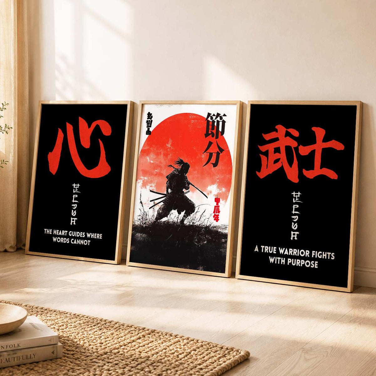 Japanese Samurai Motivational Quotes Wall Art Set of 3 Framed Prints for Home Office
