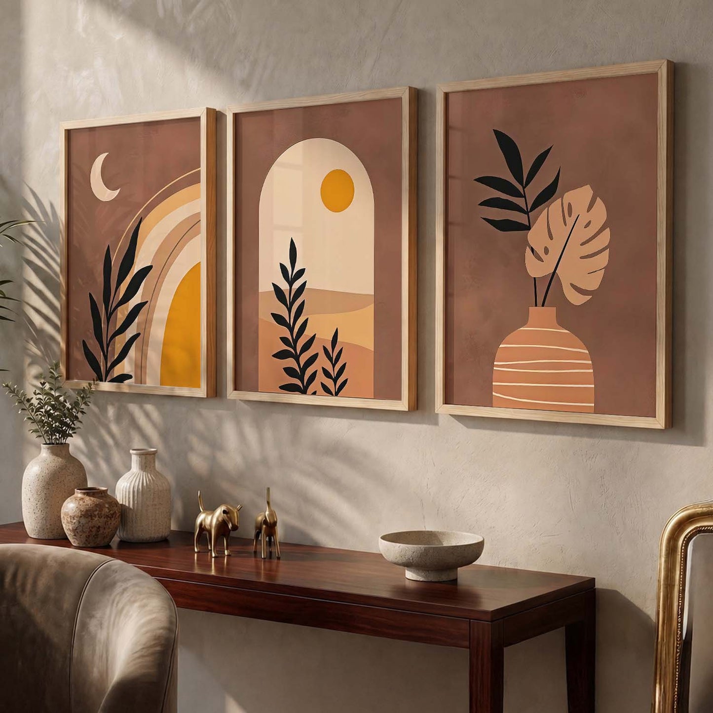 Terracotta Abstract Shape Boho Soft Wall Art Set of 3 Framed Prints