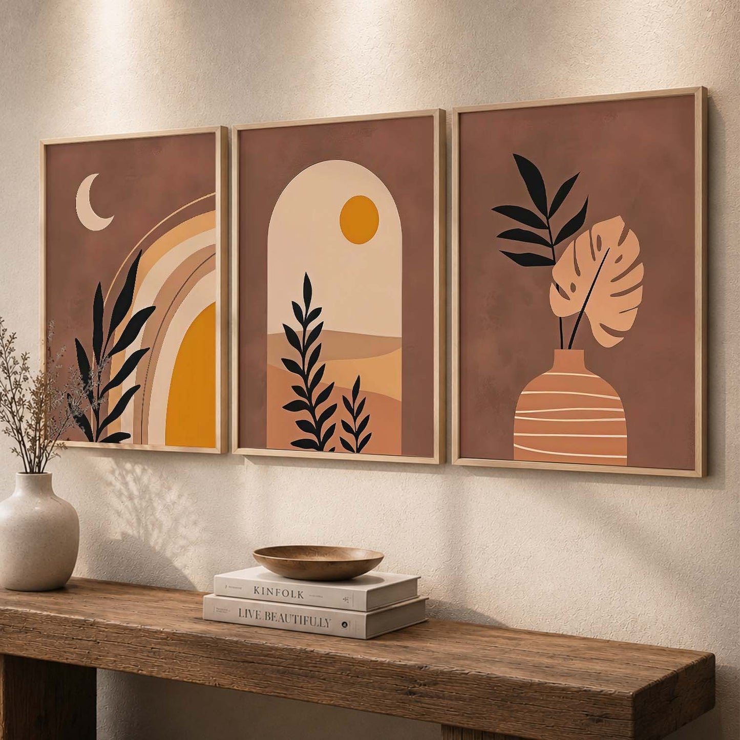 Terracotta Abstract Shape Boho Soft Wall Art Set of 3 Framed Prints
