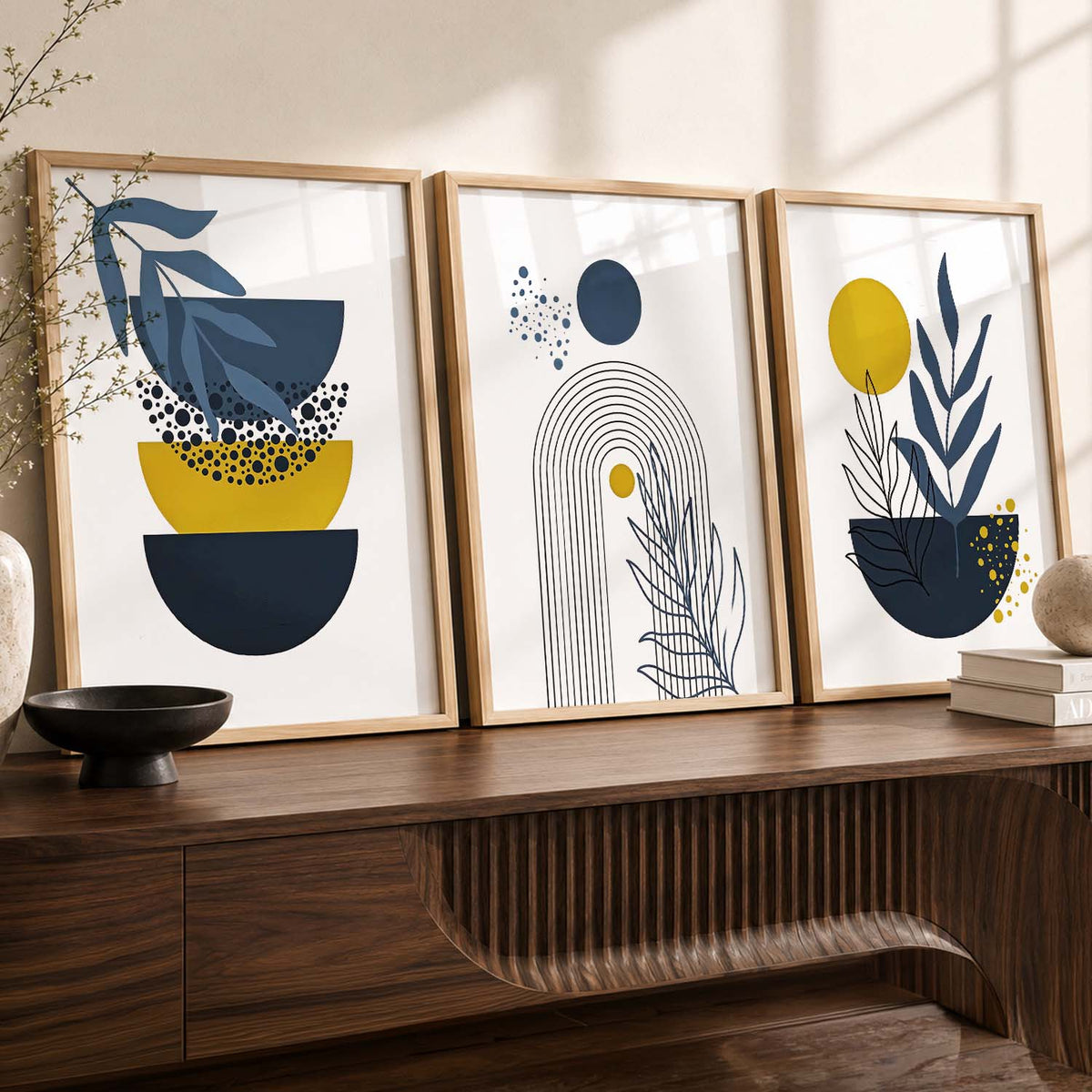 Mustard Abstract Boho Wall Art Set of 3 Framed Prints