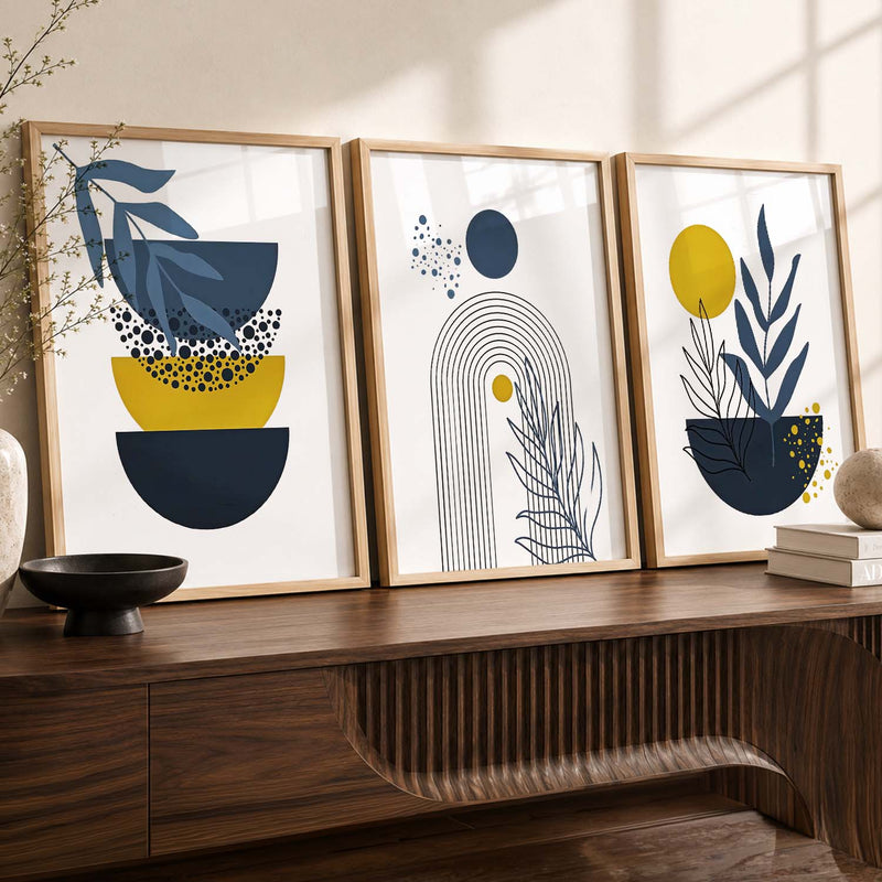 Mustard Abstract Boho Wall Art Set of 3 Framed Prints