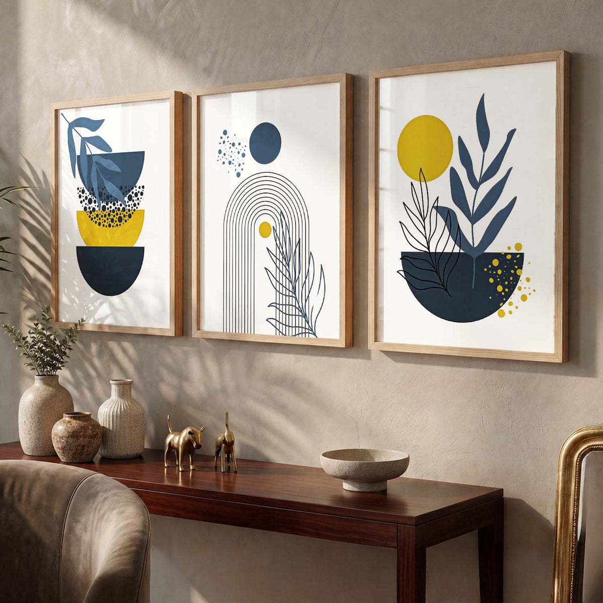 Mustard Abstract Boho Wall Art Set of 3 Framed Prints
