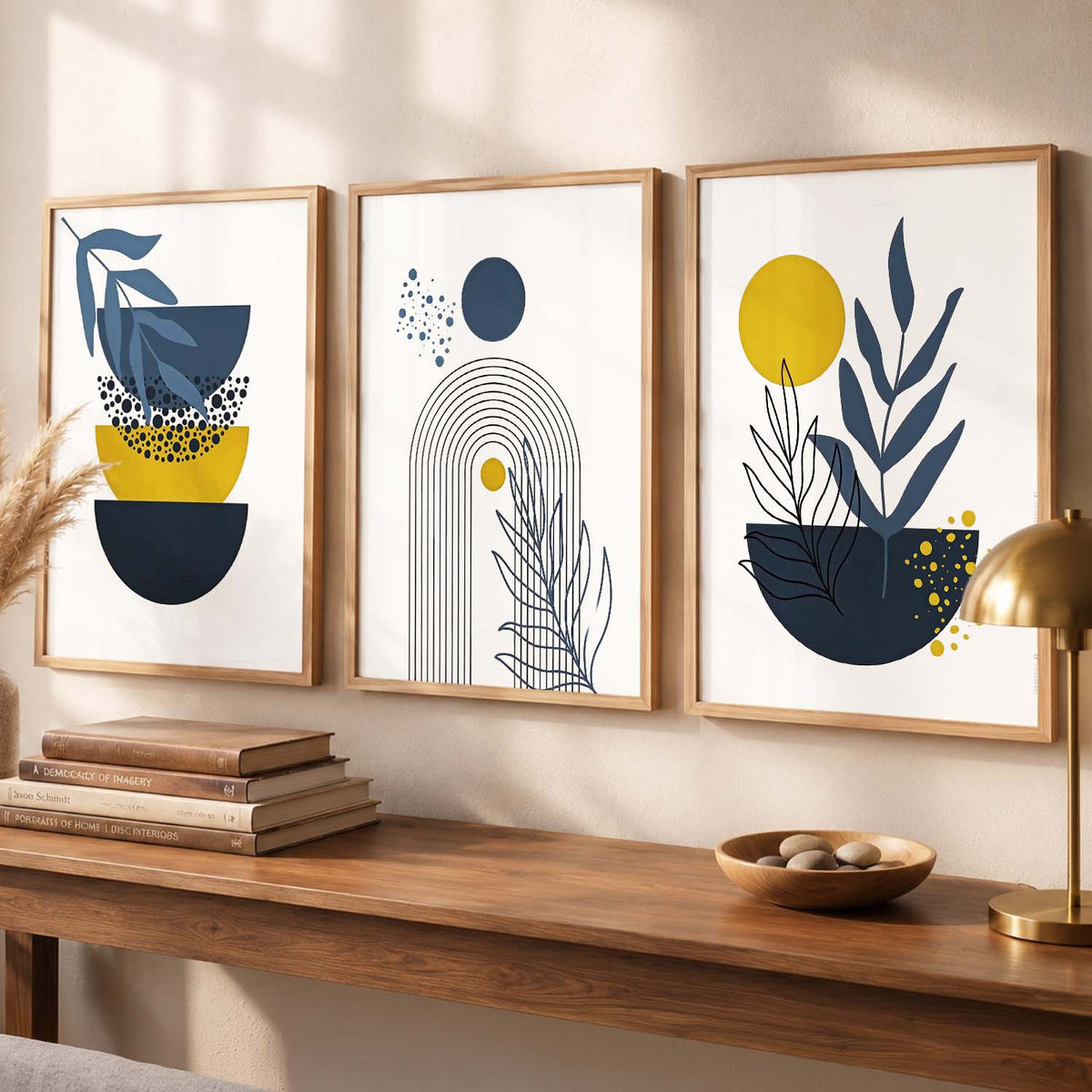 Mustard Abstract Boho Wall Art Set of 3 Framed Prints