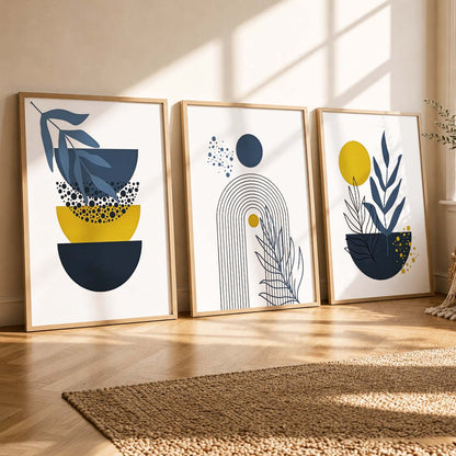 Mustard Abstract Boho Wall Art Set of 3 Framed Prints