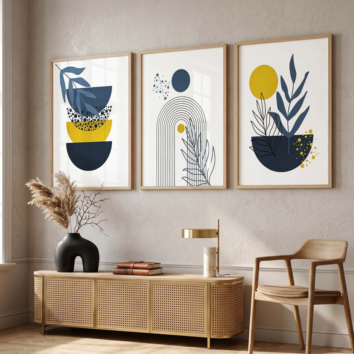 Mustard Abstract Boho Wall Art Set of 3 Framed Prints
