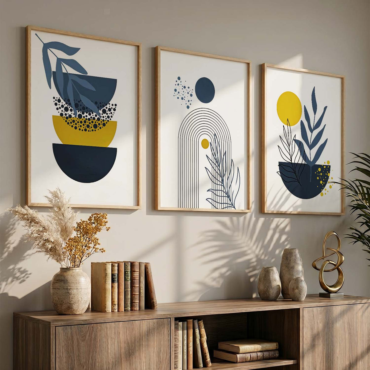 Mustard Abstract Boho Wall Art Set of 3 Framed Prints