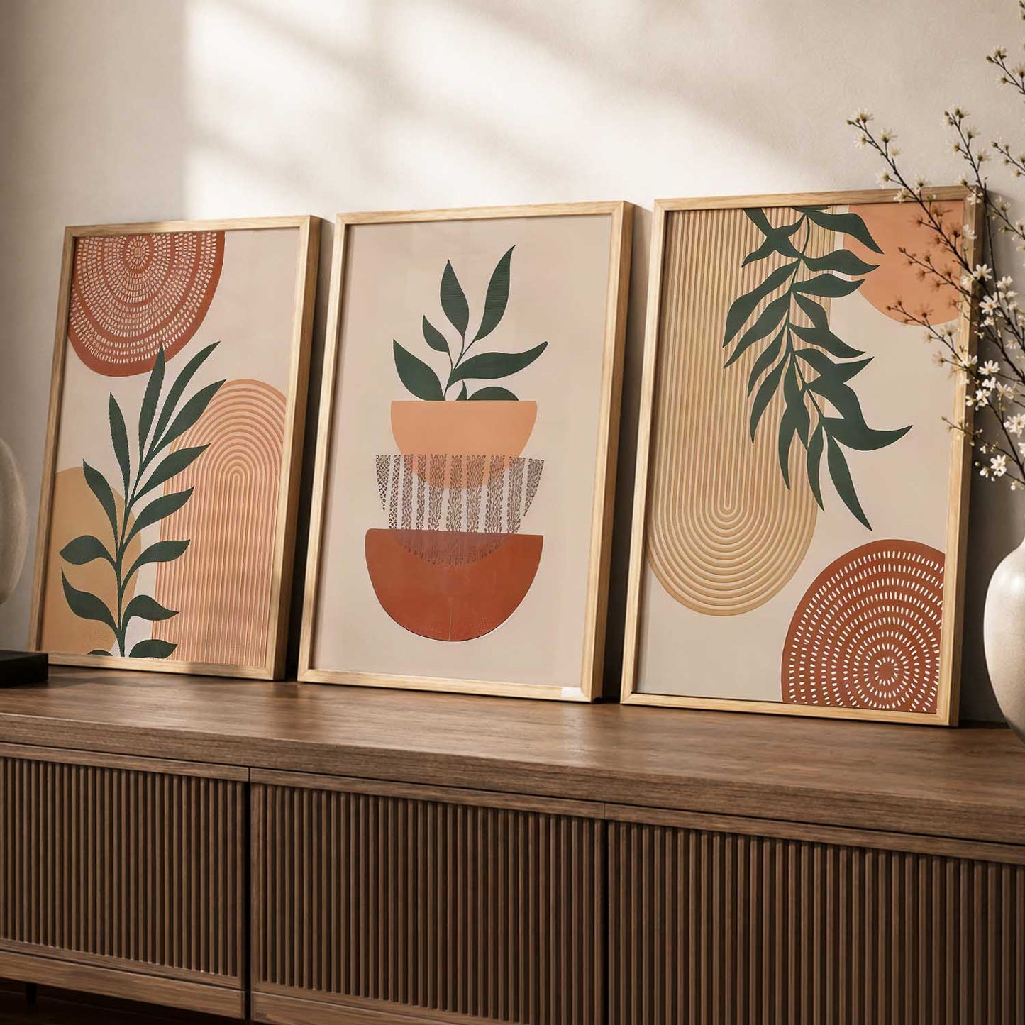 Earthy Leaf Silhouette Soft Wall Art Set of 3 Framed Prints