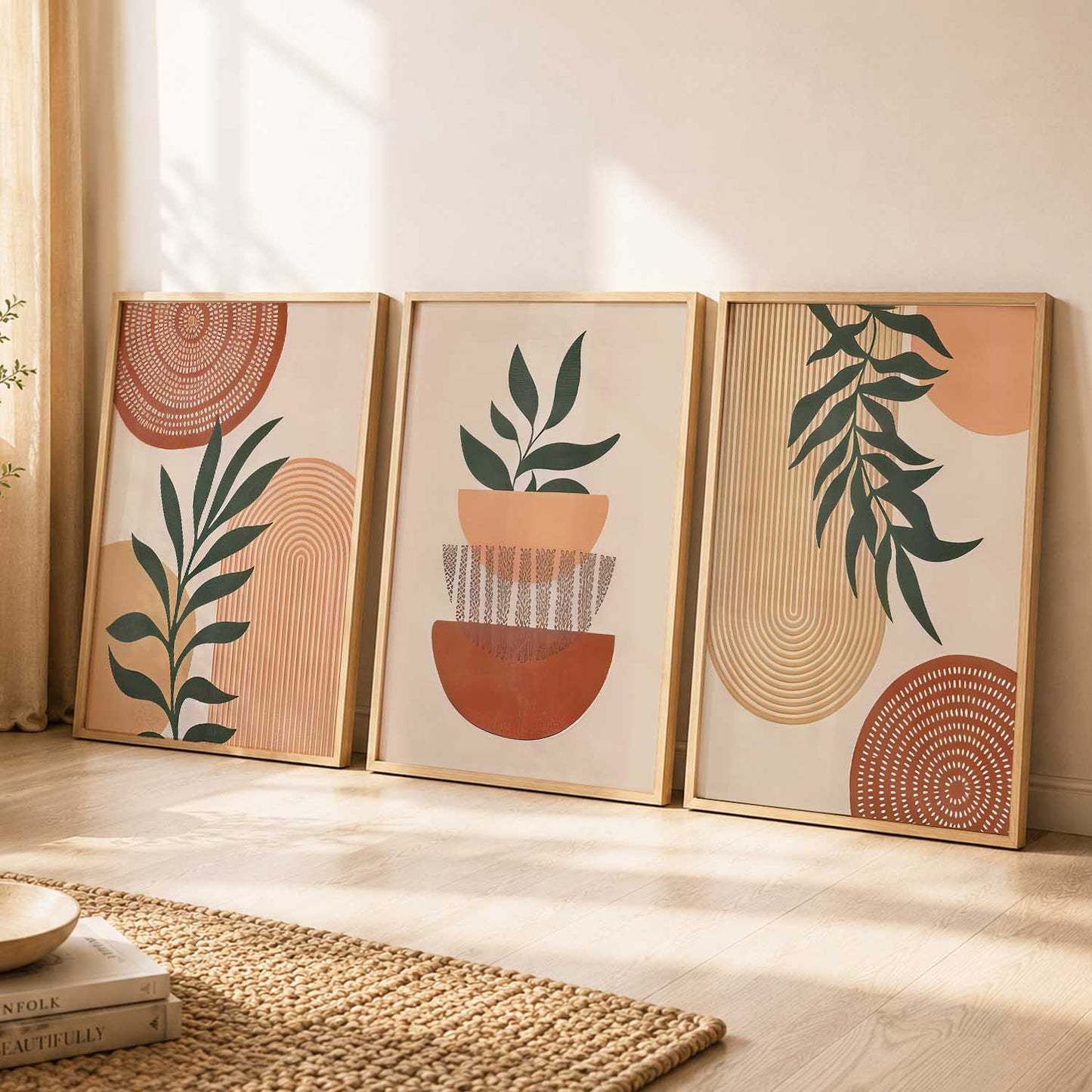 Earthy Leaf Silhouette Soft Wall Art Set of 3 Framed Prints