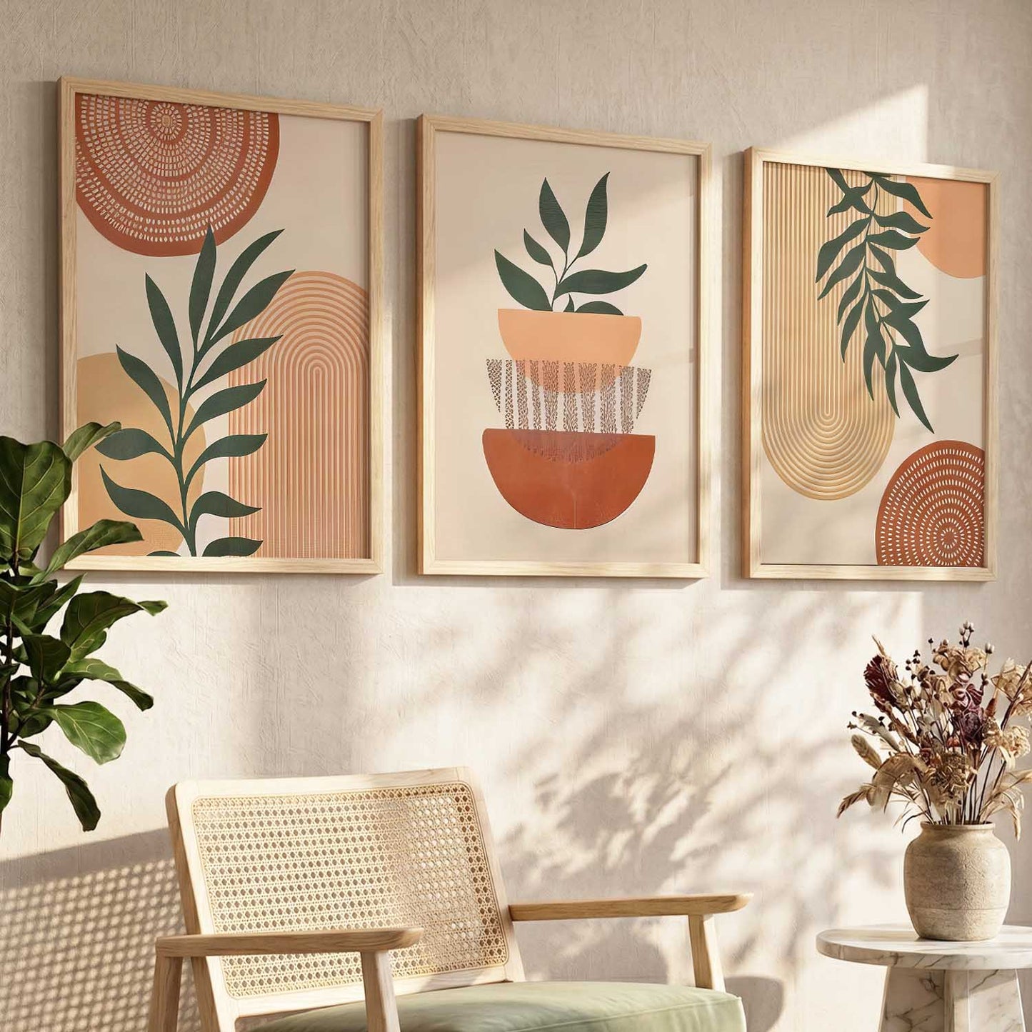 Earthy Leaf Silhouette Soft Wall Art Set of 3 Framed Prints