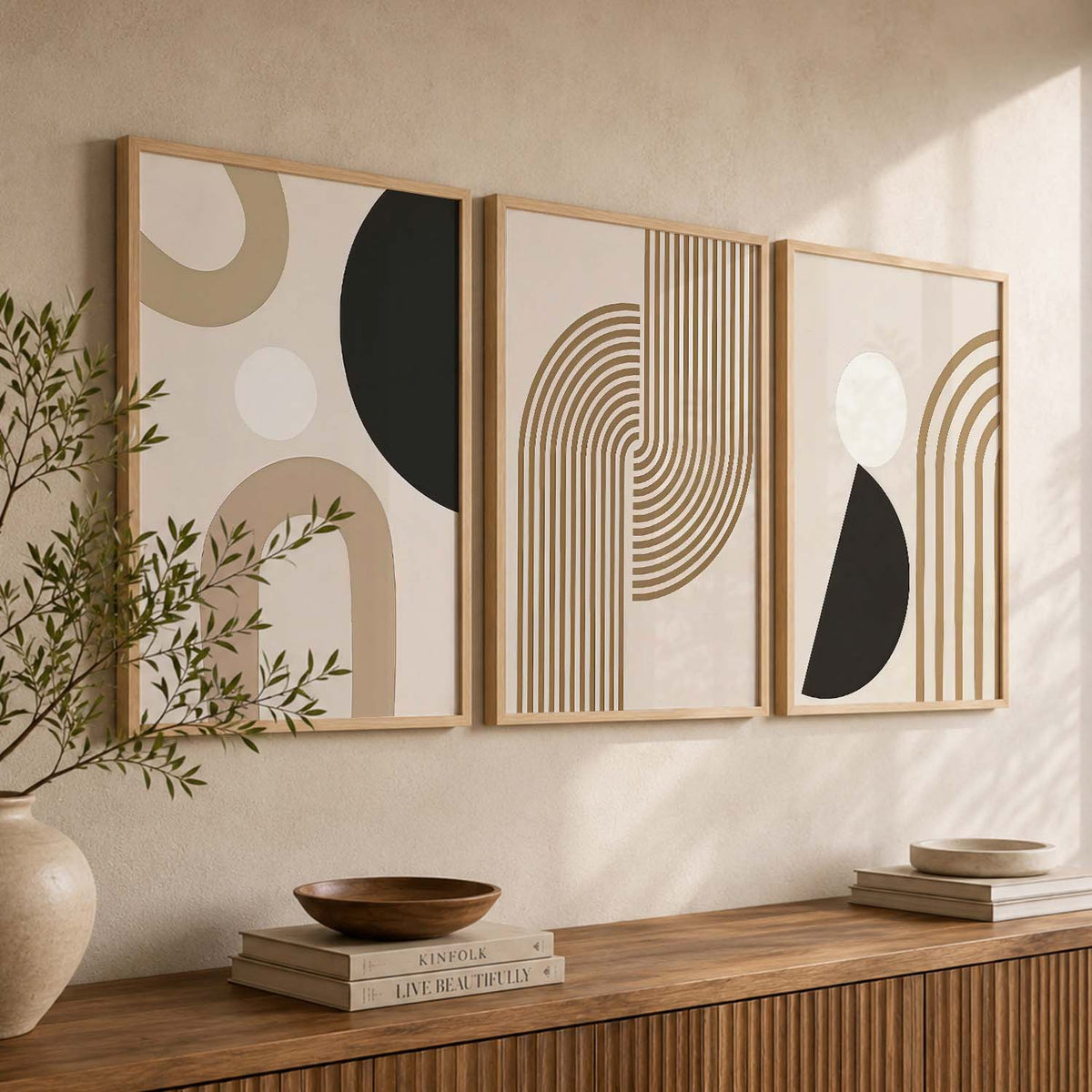 Abstract Shape Boho Calm Wall Art Set of 3 Framed Prints