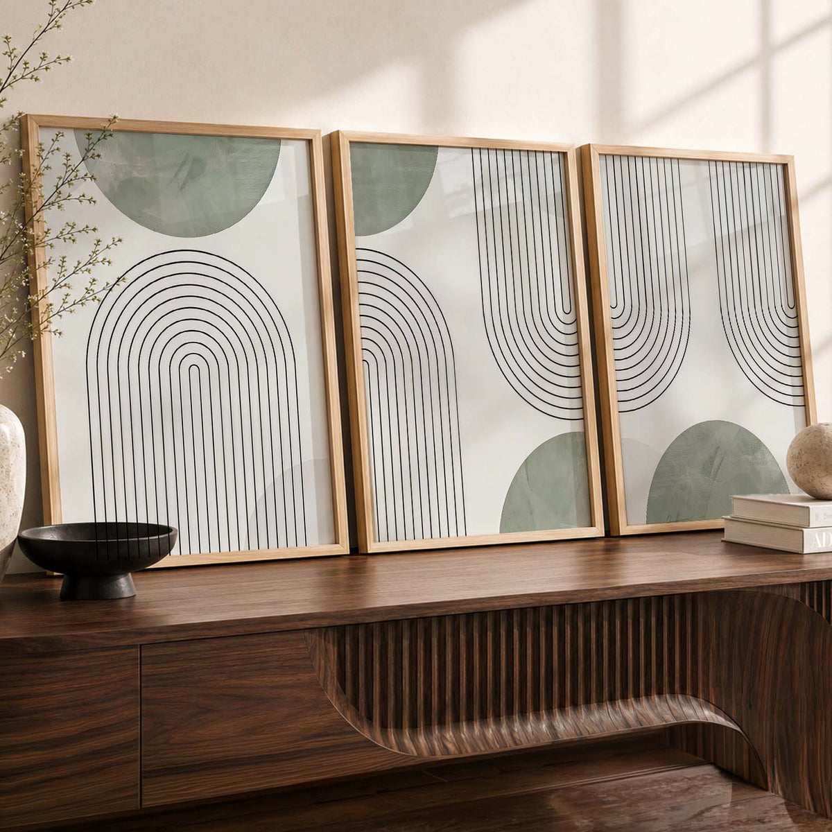 Geometric Abstract Boho Modern Wall Art Set of 3 Framed Prints