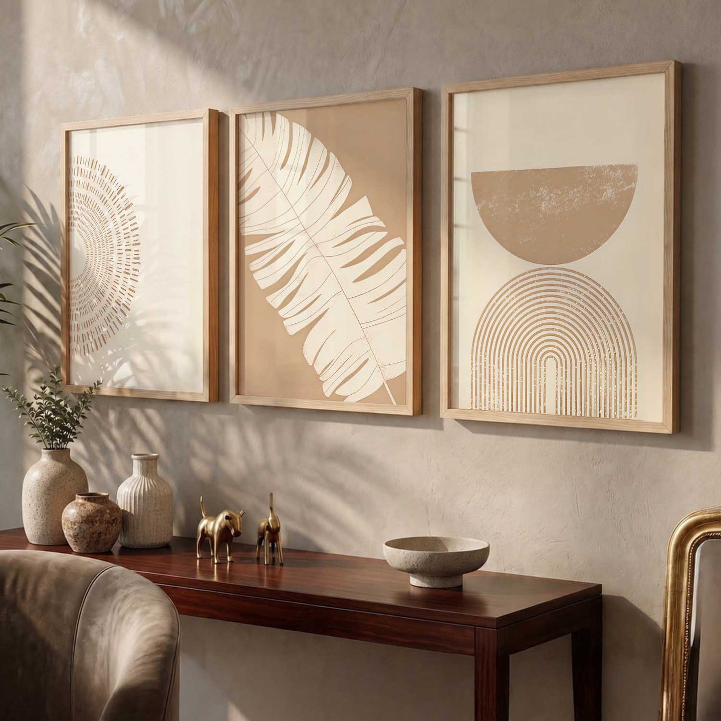 Warm Earthy Leaf Abstract Wall Art Set of 3 Framed Prints