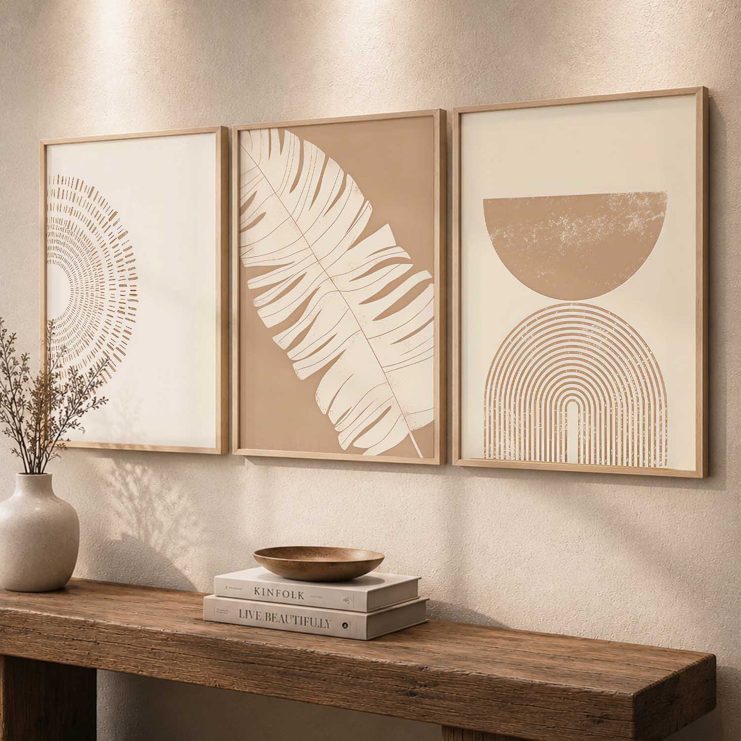 Warm Earthy Leaf Abstract Wall Art Set of 3 Framed Prints